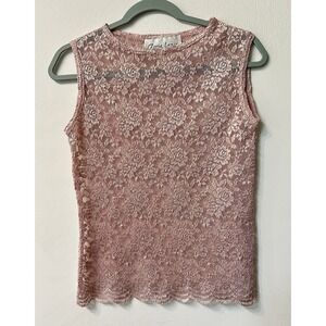 Vintage Gloria Lance Petite Pink Floral Lace Tank Top Sleeveless Scallop Hem PM